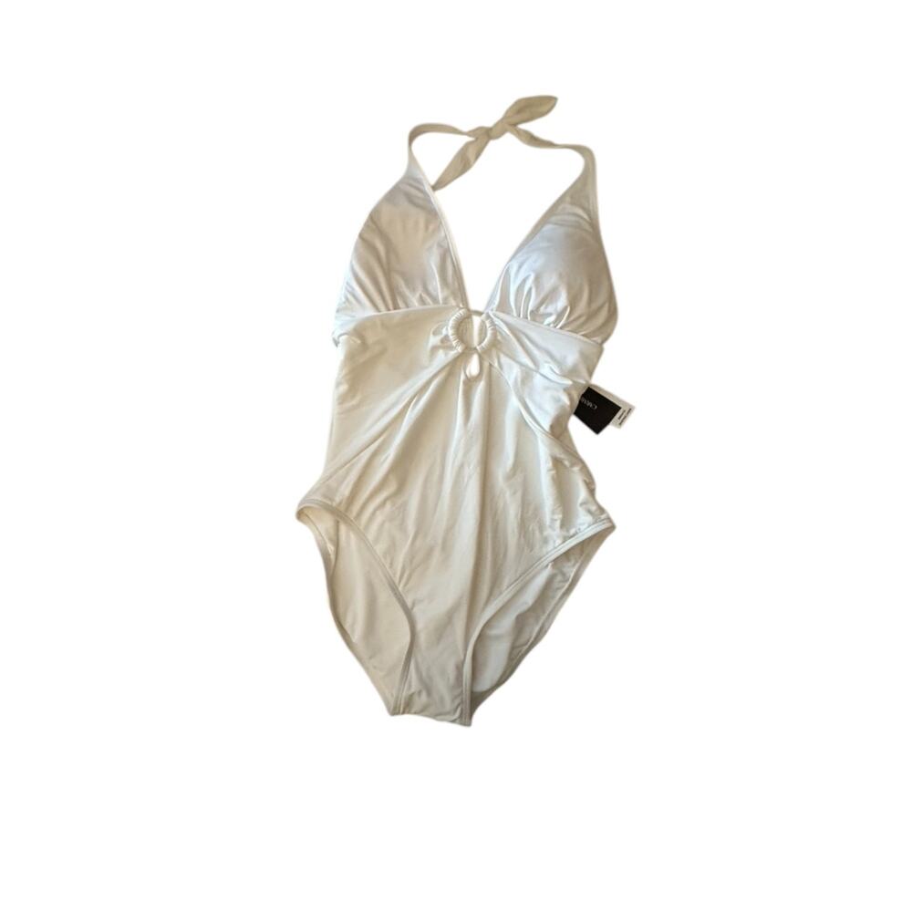 Carmen Marc Valvo White Deep V One Piece Swimsuit Women's 12 Shaping Liner New
